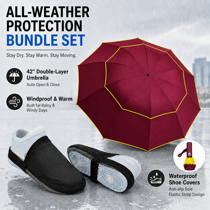 Wine Red Compact 3-Fold Automatic Golf Umbrella (Dia 42 Inch) + Waterproof Thermal Half Shoe Covers (M Size) with Anti Slip Elastic Strap– Windproof & Stainproof Full Body Rain Protection Kit for Golf, Cycling and Outdoor Activities