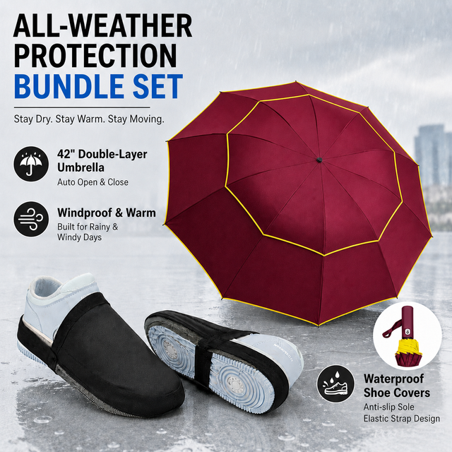 Wine Red Compact 3-Fold Automatic Golf Umbrella (Dia 42 Inch) Plus Waterproof Thermal Half Shoe