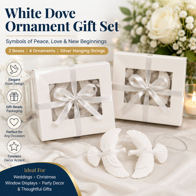 White Dove Christmas Ornament Set (4 Piece/2 Gift Box) Elegant Peace Dove Hanging Pendant with
