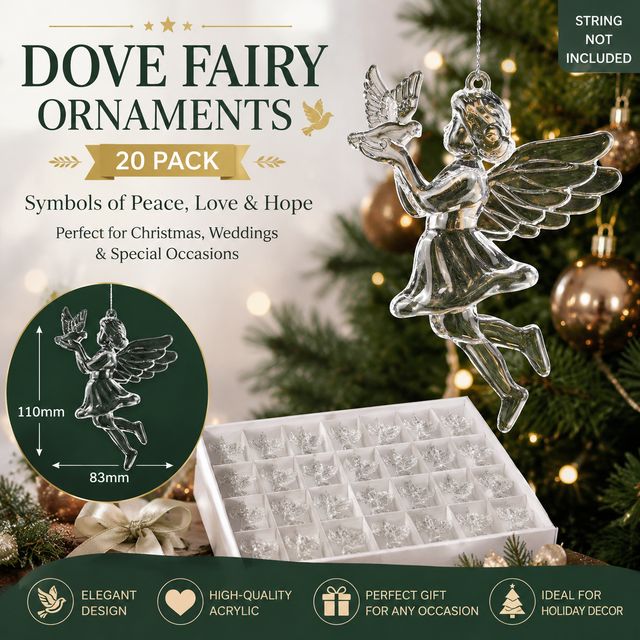 Crystal Dove and Fairy Christmas Ornament Set (20 PCS) Elegant Peace Dove Fairy Hanging Pendant