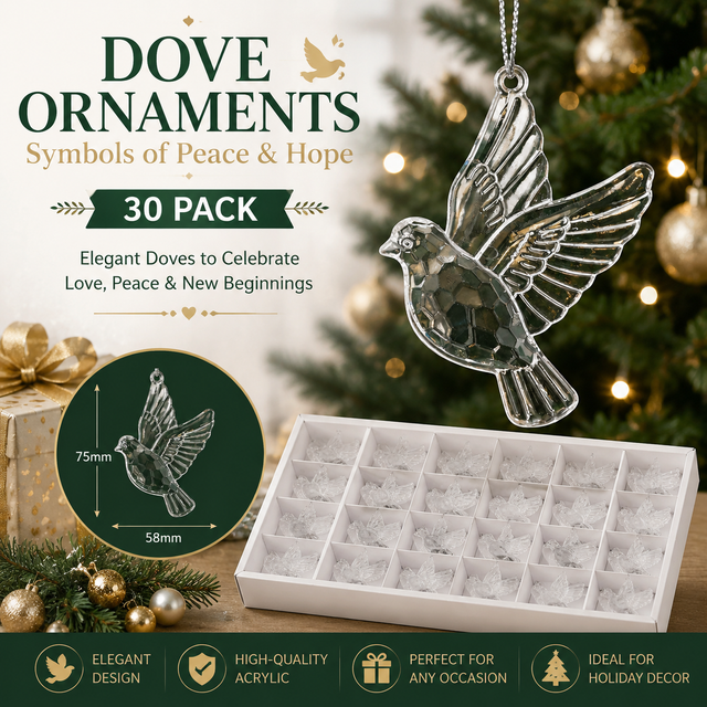 Crystal Flat Dove Christmas Ornament Set (30 PCS) Elegant Peace Dove Hanging Pendant Wedding Party Window