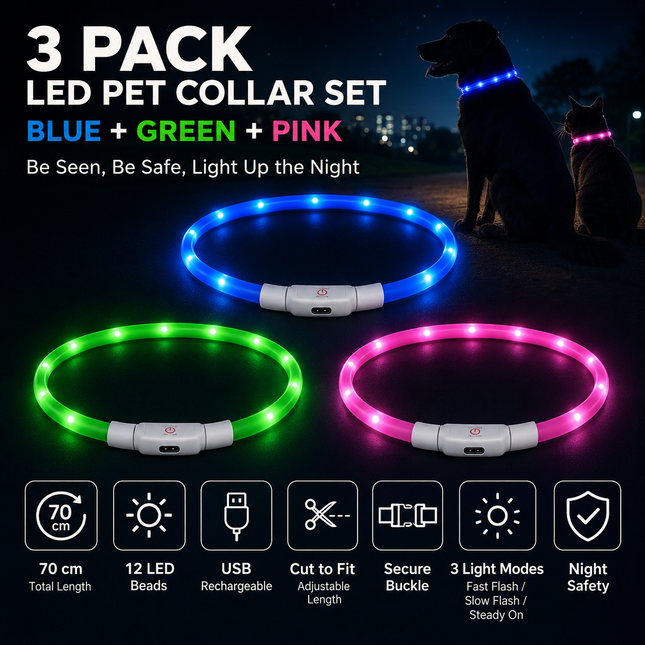 3PCS USB Rechargeable LED Pet Collar (Blue Green Pink) 70cm Cuttable Silicone Glow Dog Collar
