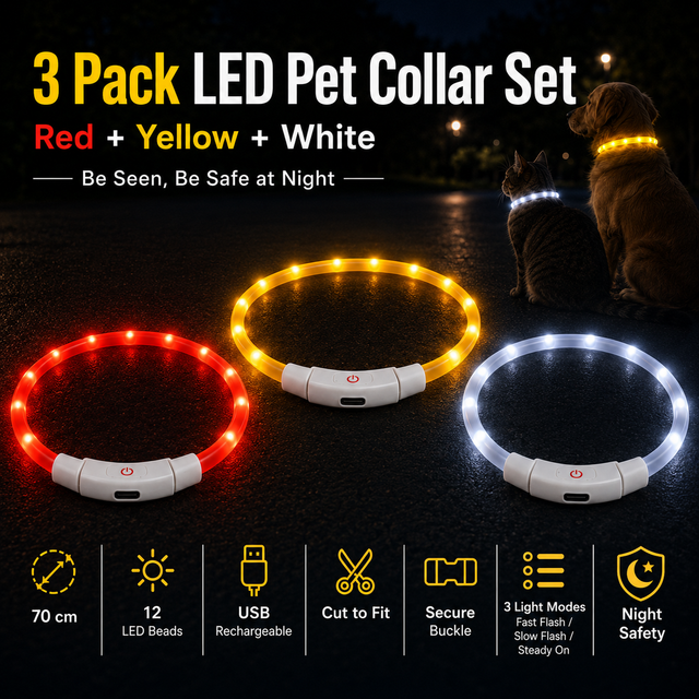 3PCS USB Rechargeable LED Pet Collar (Red Yellow White) 70cm Cuttable Silicone Glow Dog Collar