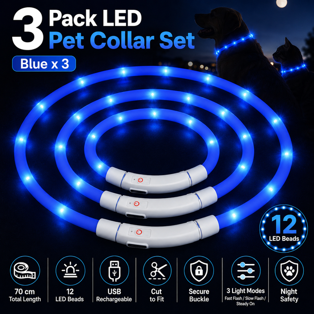 3PCS Blue USB Rechargeable LED Pet Collar Set 70cm Cuttable Silicone Glow Dog Collar with