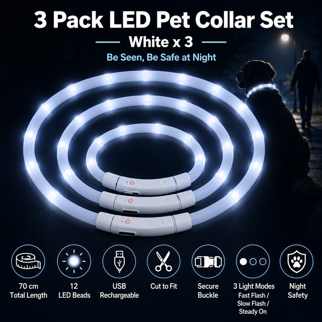 3PCS White USB Rechargeable LED Pet Collar Set 70cm Cuttable Silicone Glow Dog Collar with