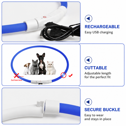 3PCS White USB Rechargeable LED Pet Collar Set – 70cm Cuttable Silicone Glow Dog Collar with 12 LED Beads, 3 Flash Modes and Secure Buckle Design, Night Safety Glow Necklace for Dogs and Cats Walking