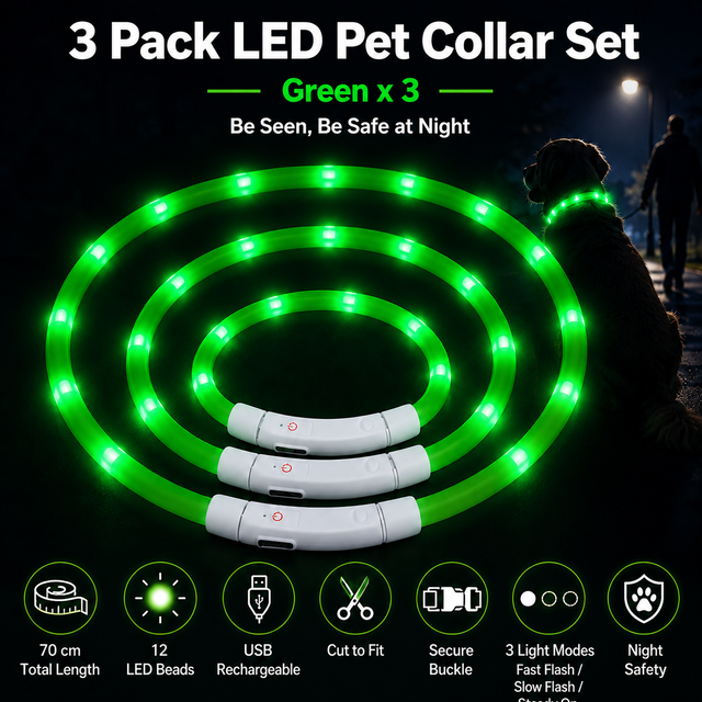 3PCS Green USB Rechargeable LED Pet Collar Set 70cm Cuttable Silicone Glow Dog Collar with