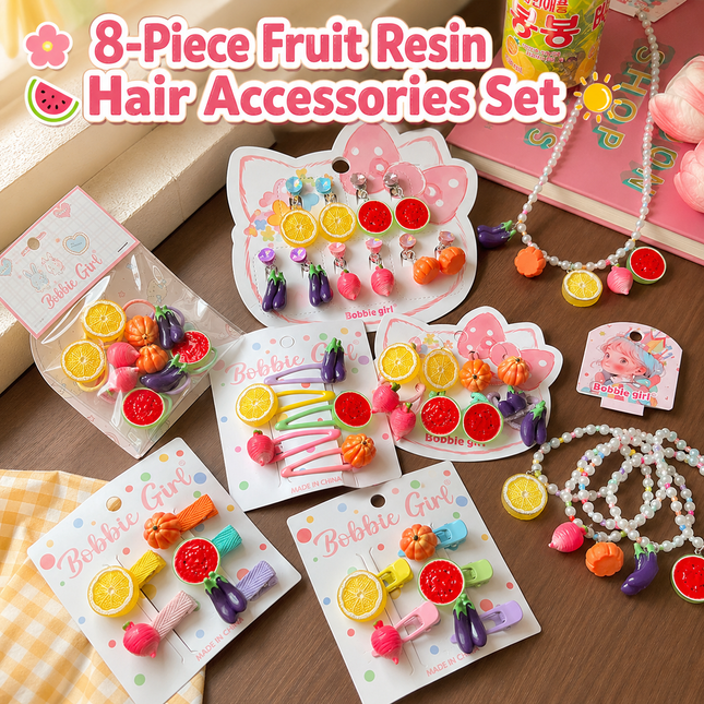 8-Piece Fruit Resin Hair Accessories Set with 5-Type Fruit Hair & Ear Clips Hair Ties V888-ELOSUNG52932