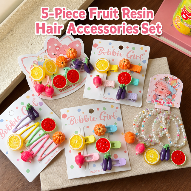 5-Piece Fruit Resin Hair Accessories Set with 5-Type Fruit Hair & Ear Clips Hair Ties V888-ELOSUNG52933