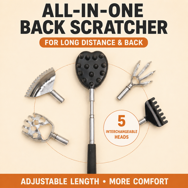 Portable Extendable Back Scratcher Massage Tool with 5 Detachable Heads Metal Telescopic Rod and Non Slip