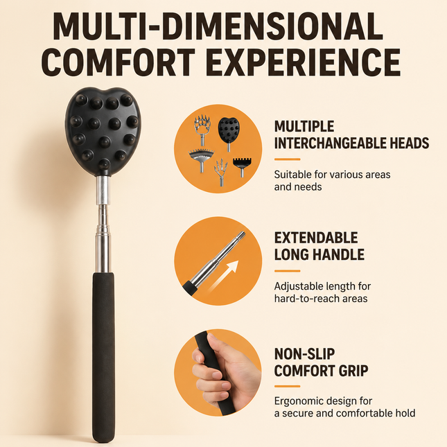 Portable Extendable Back Scratcher Massage Tool with 5 Detachable Heads Metal Telescopic Rod and Non Slip – product detail