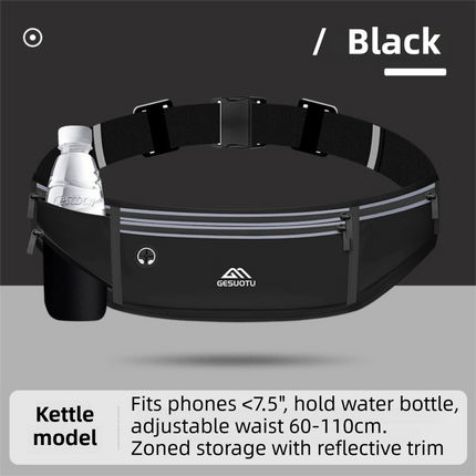 Black Breathable & Waterproof Lycra Running Waist Bag for Kettle & 7.5" Phone – Lightweight No Bounce Reflective Fitness Belt with 4-Zoned Storage, Earphone Hole and Adjustable Strap for Men and Women