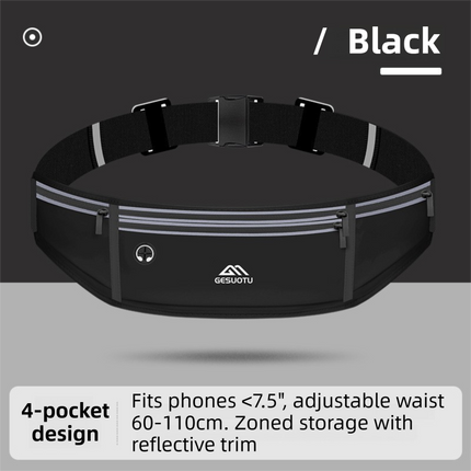Black Breathable & Waterproof Lycra Running Waist Bag for 7.5" Phone – Lightweight No Bounce Reflective Fitness Belt with 4 Zipper Pockets, Earphone Hole and Adjustable Strap for Men and Women