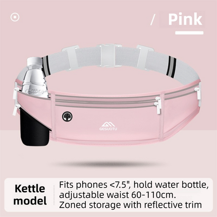 Pink Breathable & Waterproof Lycra Running Waist Bag for Kettle & 7.5" Phone – Lightweight No Bounce Reflective Fitness Belt with 4-Zoned Storage, Earphone Hole and Adjustable Strap for Men and Women