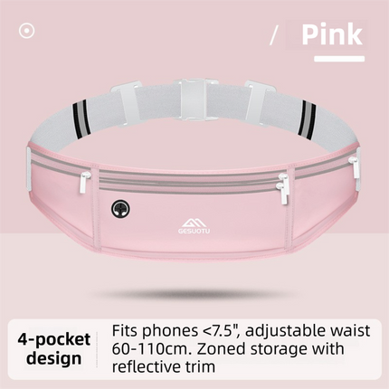 Pink Breathable & Waterproof Lycra Running Waist Bag for 7.5" Phone – Lightweight No Bounce Reflective Fitness Belt with 4 Zipper Pockets, Earphone Hole and Adjustable Strap for Men and Women