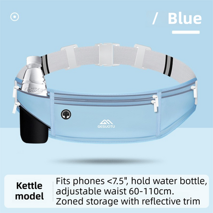Blue Breathable & Waterproof Lycra Running Waist Bag for Kettle & 7.5" Phone – Lightweight No Bounce Reflective Fitness Belt with 4-Zoned Storage, Earphone Hole and Adjustable Strap for Men and Women