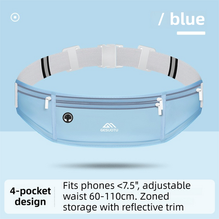 Blue Breathable & Waterproof Lycra Running Waist Bag for 7.5" Phone – Lightweight No Bounce Reflective Fitness Belt with 4 Zipper Pockets, Earphone Hole and Adjustable Strap for Men and Women