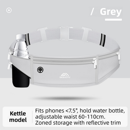 Grey Breathable & Waterproof Lycra Running Waist Bag for Kettle & 7.5" Phone – Lightweight No Bounce Reflective Fitness Belt with 4-Zoned Storage, Earphone Hole and Adjustable Strap for Men and Women