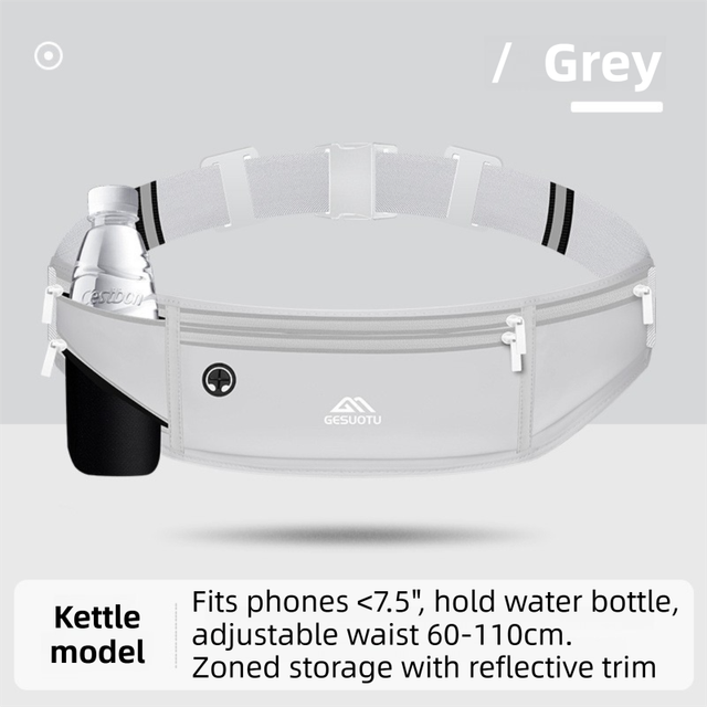 Grey Breathable & Waterproof Lycra Running Waist Bag for Kettle & 7.5 Phone Lightweight No
