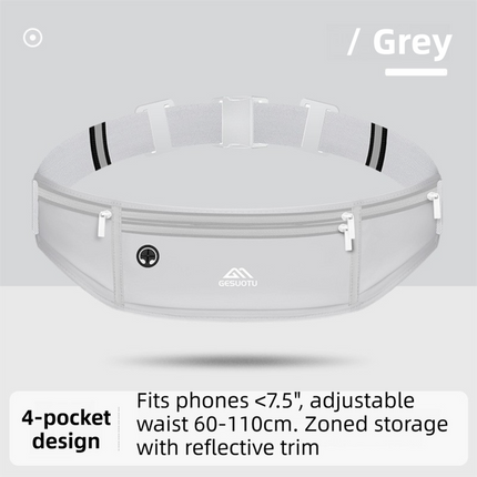 Grey Breathable & Waterproof Lycra Running Waist Bag for 7.5" Phone – Lightweight No Bounce Reflective Fitness Belt with 4 Zipper Pockets, Earphone Hole and Adjustable Strap for Men and Women