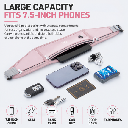 Grey Breathable & Waterproof Lycra Running Waist Bag for 7.5" Phone – Lightweight No Bounce Reflective Fitness Belt with 4 Zipper Pockets, Earphone Hole and Adjustable Strap for Men and Women