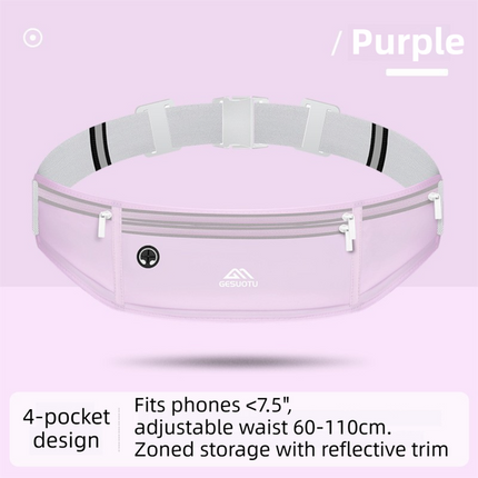 Purple Breathable & Waterproof Lycra Running Waist Bag for 7.5" Phone – Lightweight No Bounce Reflective Fitness Belt with 4 Zipper Pockets, Earphone Hole and Adjustable Strap for Men and Women