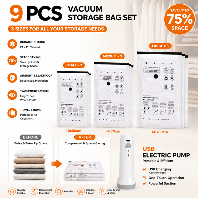 9-Piece Vacuum Storage Bags Set with USB Electric Pump Thickened PA Plus PE Space Saving