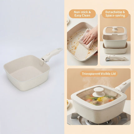 4 Piece Detachable Nonstick Aluminium Alloy Cookware Set (Dia 20CM) - Stackable Frying Pan and Saucepan with Silicone Glass Lid & Heat-Resistant Handle, Fast Heating and Easy Clean for Home and Travel