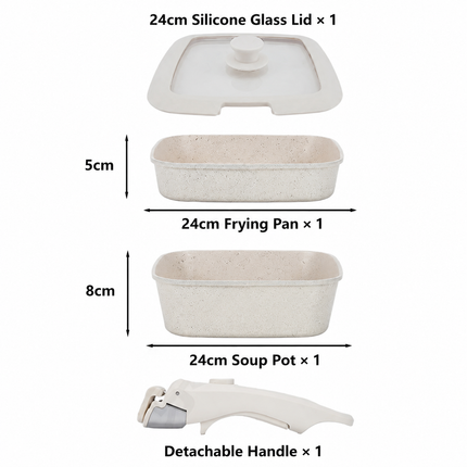 4 Piece Detachable Nonstick Aluminium Alloy Cookware Set (Dia 24CM) - Stackable Frying Pan and Saucepan with Silicone Glass Lid & Heat-Resistant Handle, Fast Heating and Easy Clean for Home and Travel