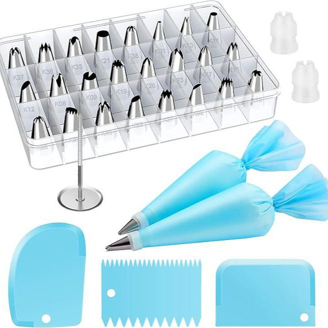 32-Piece Blue Cake Decorating Kit with 24 Numbered Icing Piping Tips 2 Reusable Pastry Bags
