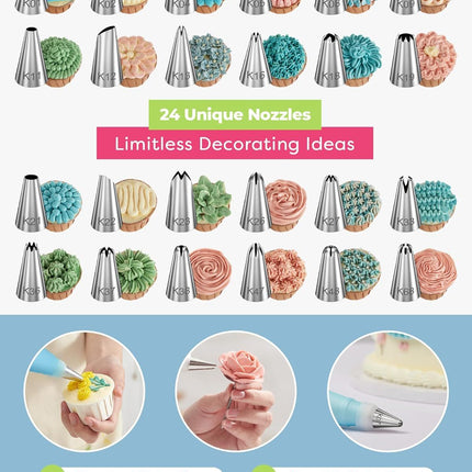 32-Piece Blue Cake Decorating Kit with 24 Numbered Icing Piping Tips, 2 Reusable Pastry Bags, 3 Icing Scrapers and Organised Storage Case for Frosting Cookie Cupcake