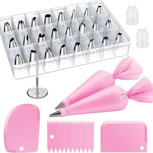 32-Piece Pink Cake Decorating Kit with 24 Numbered Icing Piping Tips 2 Reusable Pastry Bags