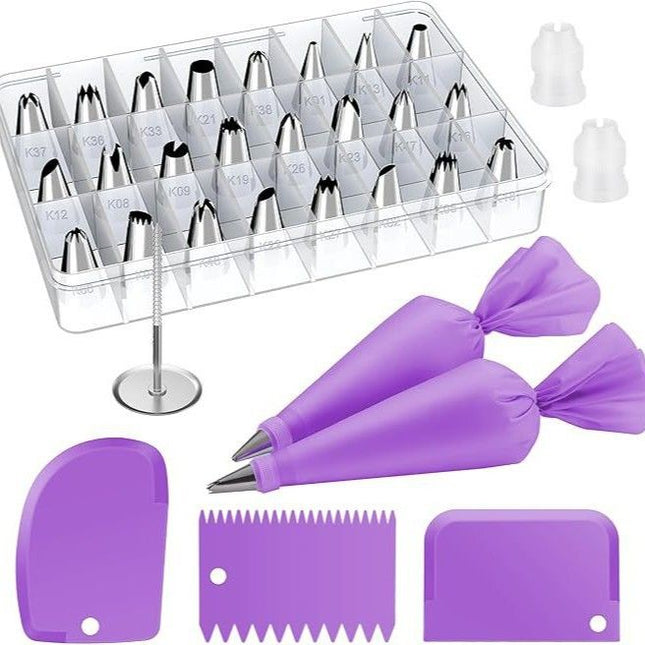 32-Piece Purple Cake Decorating Kit with 24 Numbered Icing Piping Tips 2 Reusable Pastry Bags