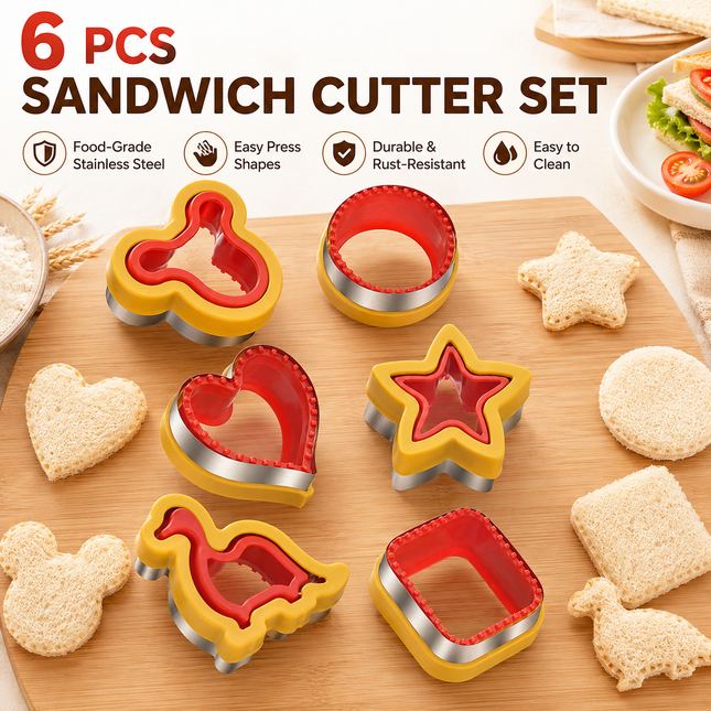 6 Piece Sandwich Cutter and Sealer Set (Heart Square Round Dinosaur Bear V888-ELOSUNG52963