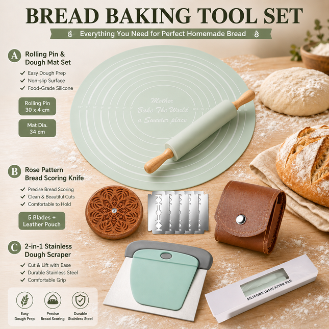 Mint Green Bread Baking Tool Set with Silicone Dough Mat Plus Rolling Pin 2-in-1 Stainless