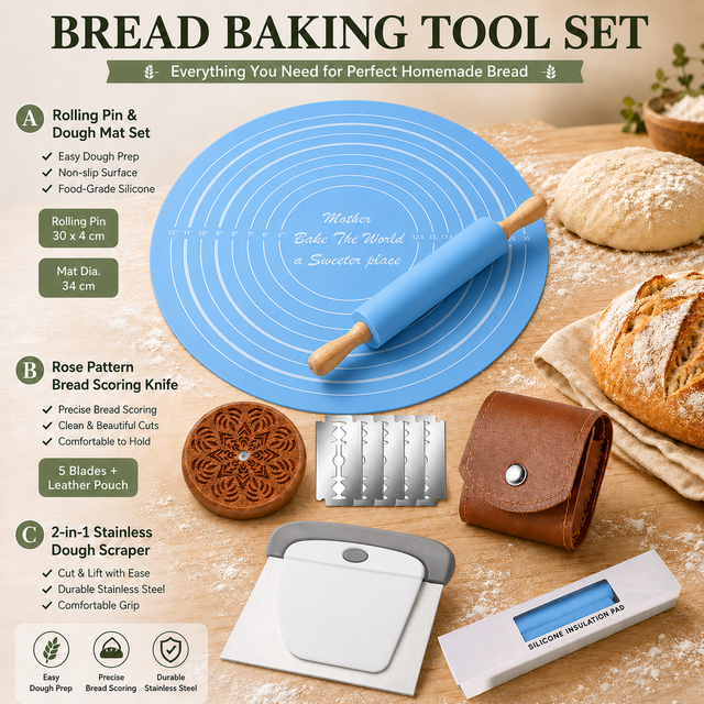Blue Bread Baking Tool Set with Silicone Dough Mat Plus Rolling Pin 2-in-1 Stainless Steel