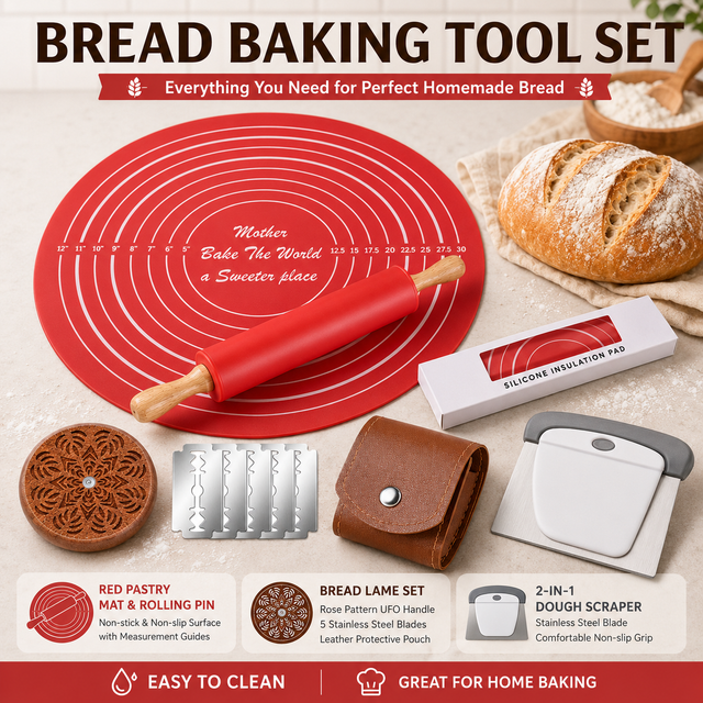Red Bread Baking Tool Set with Silicone Dough Mat Plus Rolling Pin 2-in-1 Stainless Steel