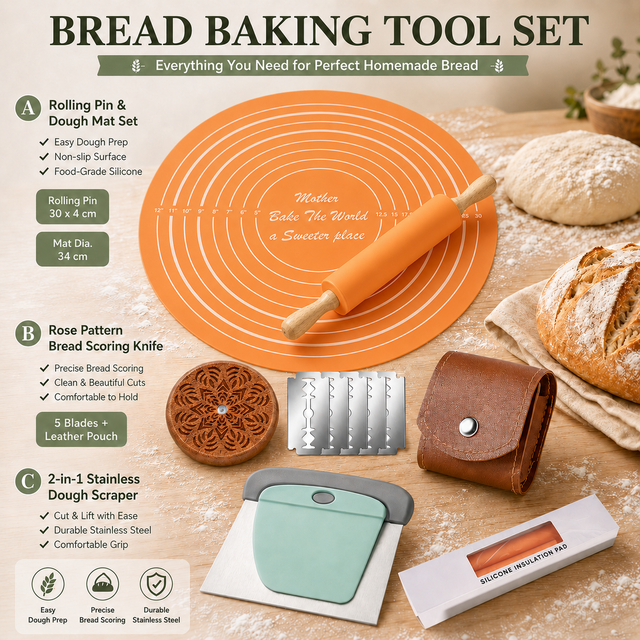 Orange Bread Baking Tool Set with Silicone Dough Mat Plus Rolling Pin 2-in-1 Stainless Steel
