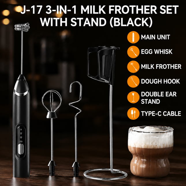J-17 Black Wireless Handheld Electric Milk Frother/Egg Beater/Dough Mixer with 3 Stainless Steel Heads