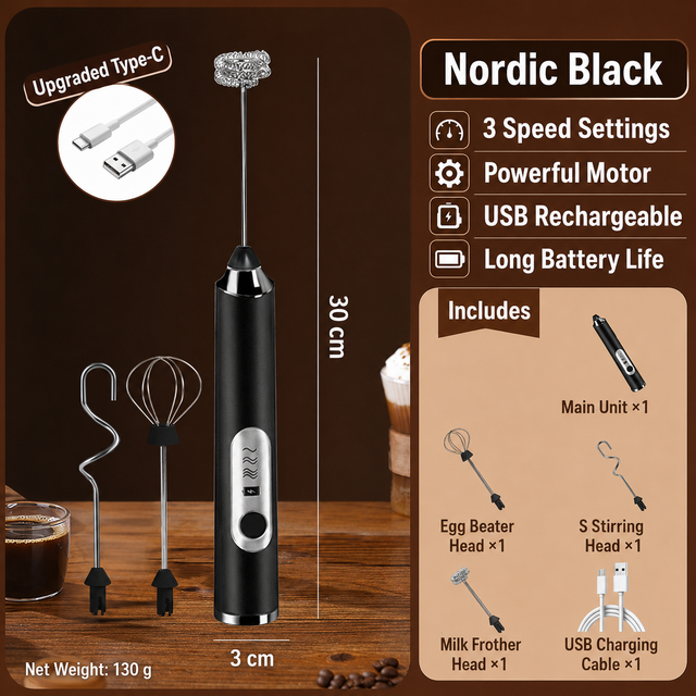 J-3 Black Wireless Handheld Electric Milk Frother/Egg Beater/Dough Mixer with 3 Stainless Steel
