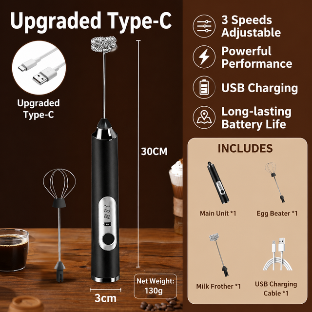 J-3 Black Wireless Handheld Electric Milk Frother/Egg Beater with 2 Stainless Steel Heads 3-Speed Stable