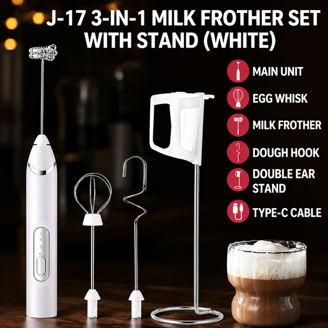 J-17 White Wireless Handheld Electric Milk Frother/Egg Beater/Dough Mixer with 3 Stainless Steel Heads