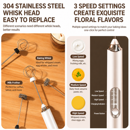J-17 White Wireless Handheld Electric Milk Frother / Egg Beater / Dough Mixer with 3 Stainless Steel Heads & Stand, 3-Speed Stable and Anti-Splash, Typec Rechargeable