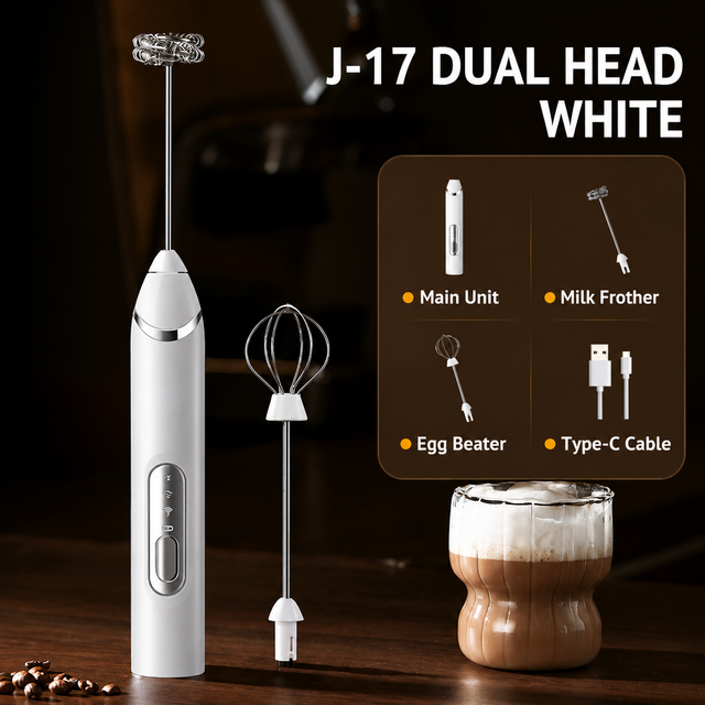 J-17 White Wireless Handheld Electric Milk Frother/Egg Beater with 2 Stainless Steel Heads 3-Speed Stable