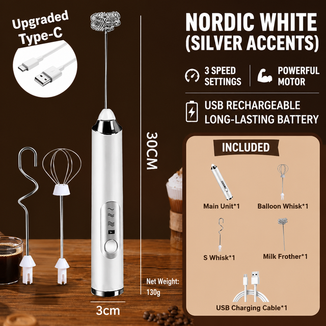 J-3 White Wireless Handheld Electric Milk Frother/Egg Beater/Dough Mixer with 3 Stainless Steel