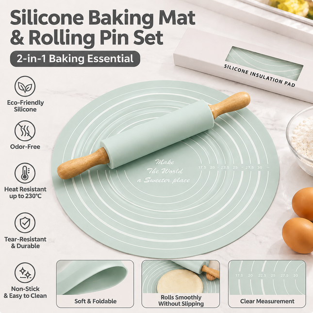 2PCS Mint Green Nonstick Silicone Dough Mat and Rolling V888-ELOSUNG52976