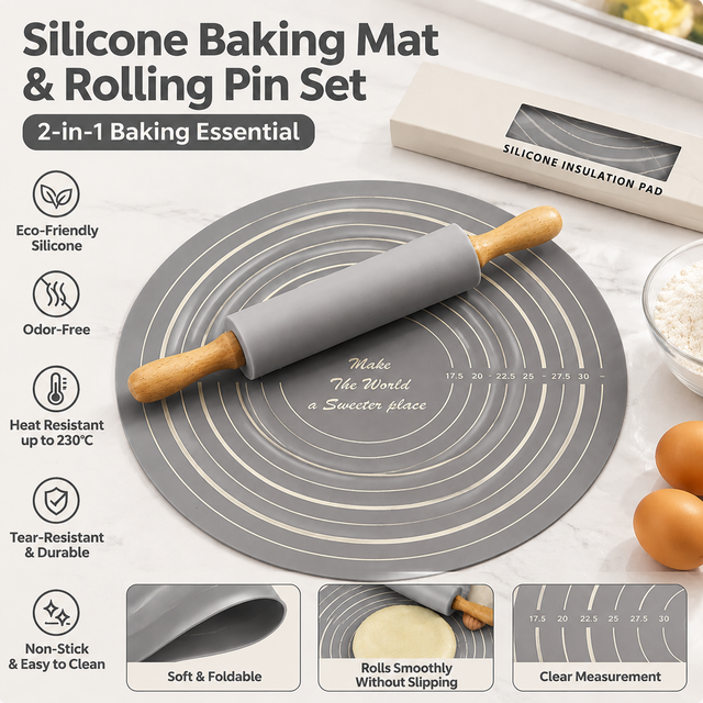 2PCS Grey Nonstick Silicone Dough Mat and Rolling V888-ELOSUNG52977