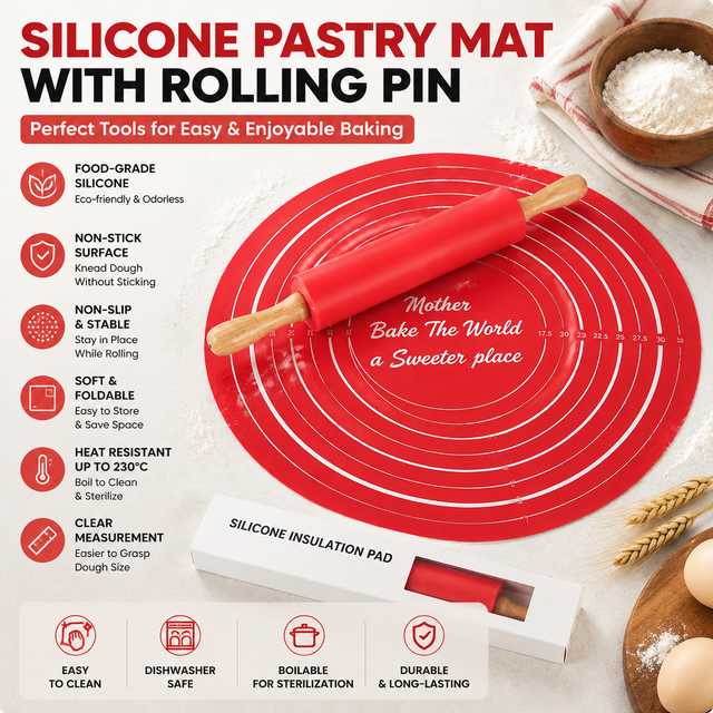2PCS Red Nonstick Silicone Dough Mat and Rolling V888-ELOSUNG52978