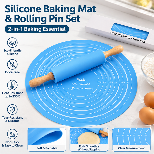 2PCS Blue Nonstick Silicone Dough Mat and Rolling V888-ELOSUNG52979