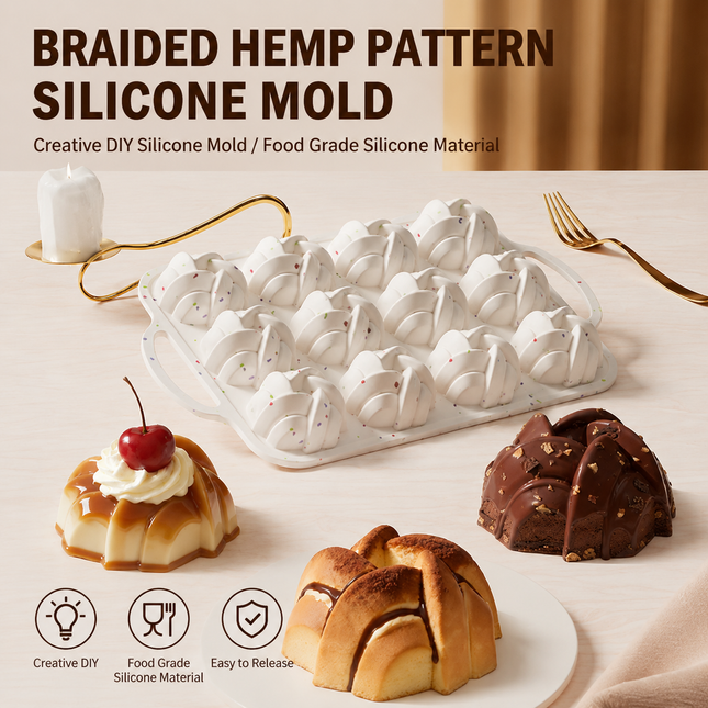 12 Cavity Silicone Bundt Cake Mould and Nonstick Iron Muffins Pan with Braided Hemp V888-ELOSUNG52990